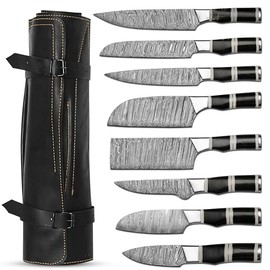 Professional Handmade Damascus Steel Kitchen Knife Set, 8-Piece with Leather Roll Bag, Black Horn Handle & Steel Bolsters