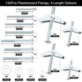 Omsscun 132Pcs Plasterboard Fixings, Wing Spring Toggle Bolts (M3 M4 M5 M6), Heavy Duty Plasterboard Wall Plug (35/50/60/65/70/80mm), Drywall Anchor for Plasterboard, Cavity Wall, Fibreboard