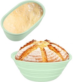 Banneton Bread Proofing Baskets,Silicone Sourdough Bread Baking Supplies, Bread Proofing Baskets for Sourdough, 9.3" Round & 10.2" Oval Collapsible Sourdough Baking Basket (Green)