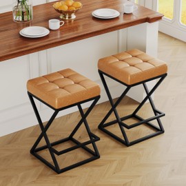 Andeworld 26" Counter Height Bar Stools Set of 2- Backless Faux Leather Barstools with Heavy-Duty X-Frame Footrest Space-Saving Stools for Kitchen Island, Cafe, Pub, Small Apartment, Home – Brown