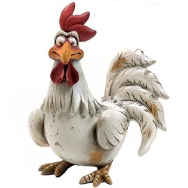 Bicuzat Funny White Rooster Statue, Resin Table Art Sculpture Funny Rooster Figurine Decoration, Rustic Country Tabletop Decoration, Farm Animal Kitchen Countertop Ornament, 6 Inches Tall-B