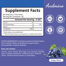 andmino L Tryptophan Gummies 500mg, with Trehalose, for Natural Relaxation & Serotonin Support, for Adults & Kids, Non-GMO, Vegan, Gluten Free, Grape Flavor, 60