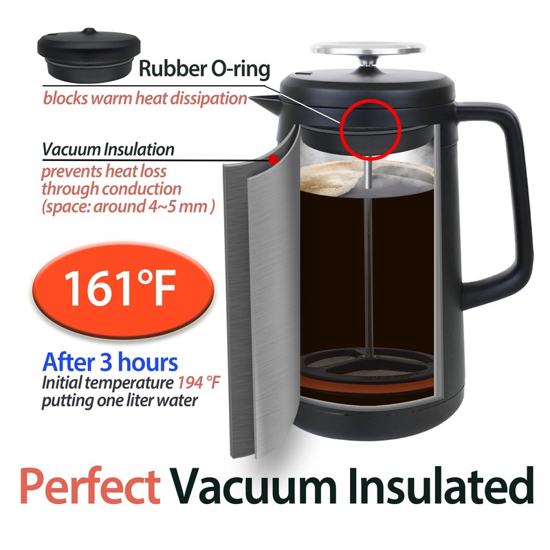 PortableAnd 34oz Double Vacuum Insulation Large Silicone French Press Coffee