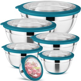 P&P CHEF Blue Mixing Bowls Set of 6, Stainless Steel Mixing Bowl with Visible Lids for Salad, Metal Nesting Serving Bowls for Kitchen Cooking Prepping Storing Food, 4.6/3.5/2.6/2/1.5/1 QT
