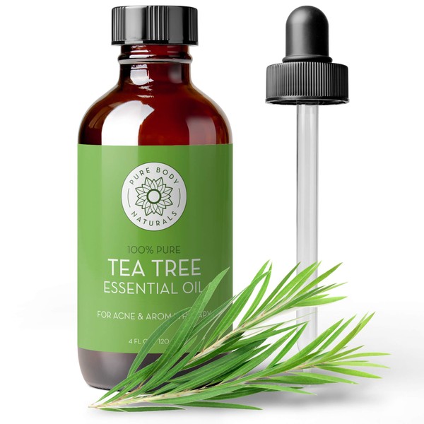 Tea Tree Essential Oil, 4 Fl Oz with Dropper - Undiluted Therapeutic Grade for Your Face, Skin, Hair and Diffuser - 100% Pure Melaleuca Oil for Acne, Toenails - by Pure Body Naturals