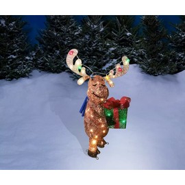Christmas Holiday Moose with Antlers Holding Gift Box - 60 Multi-Color LEDs (36 Inches Tall) Christmas Decoration