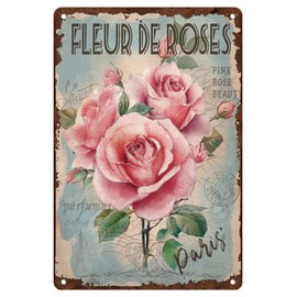 Hobbspring 1pc Pink Roses Metal Tin Sign 20x30cm Vintage Flower Painting Sign Paris Floral Poster with 4 Pre-Drilled Holes for Garden Cafe Bar Country Home Wall Decor