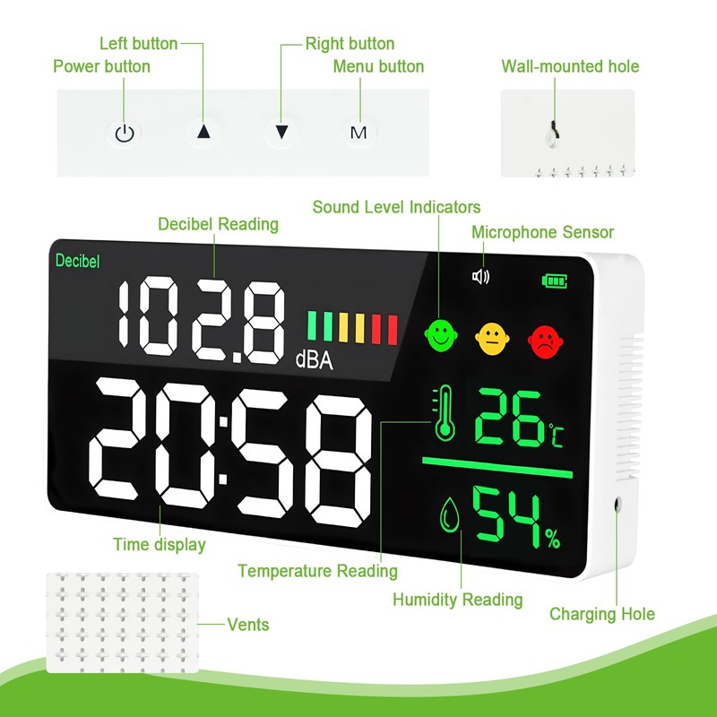 GOLDCHAMP GCEU-T4-DM165A-C Noise Meter Digital Decibel Sound Meter Temperature Meter