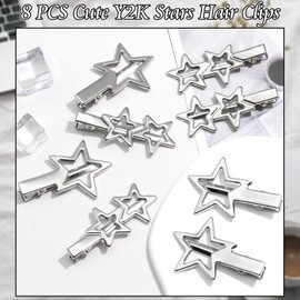 SAWINDA Y2K Star Hair Clips Cute Silver Pentagram Snap Hair Clips Metal Hair Barrettes for Girls Teens Non-Slip Geometric Hairpins Fashion Rave Hair Accessories for Women Girls Diy Hairstyles 8 PCS