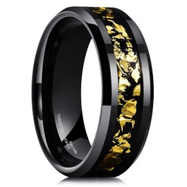 King Will NATURE Mens 8mm Black Tungsten Carbide Wedding Ring with Black and Gold Foils Inlay Beveled Edge Foils Tungsten Ring X(12)