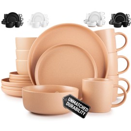Zulay Kitchen Terra Stoneware Dinnerware Set, Artisanal Ceramic Plates and Bowls Set Crafted at 2300℉ - Service for 4, Terracotta Clay