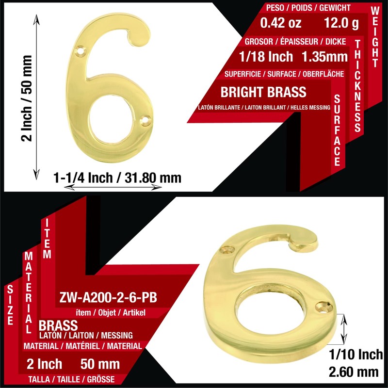 ZW Hardware A200 2 Inch Brass Bright Brass House Number