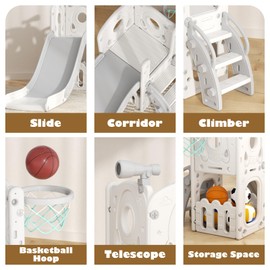 Glaf Toddler Slide 7 in 1 Kids Slides Outdoor Playset Indoor Playground for Backyard Baby Climber with Telescope Basketball Hoop and Ball Storage Space for Age 1+ Years (Grey)