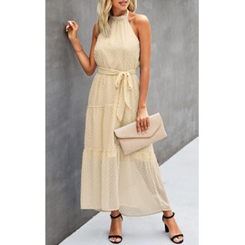 PRETTYGARDEN Women’s Casual Halter Neck Sleeveless Floral Long Maxi Dress Backless Loose Ruffle Sundress with Belt (Solid Light Yellow,Medium)