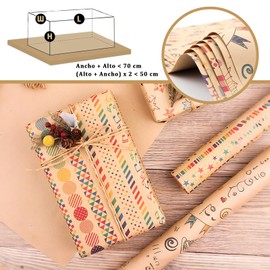 Papel de Regalo Papel Kraft Cumpleaños, 6 Hojas Papel de regalo Reciclado 70 * 50 cm, con Cuerdas 20 m y Etiqueta, 1 Cinta de Doble Cara. para Fiesta de Cumpleaños, Navidad, Año Nuevo (Retro)