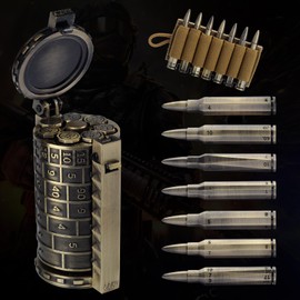 CZYY Rifle Bullet Dice Set - Solid Metal 7 Polyhedral Dice Set with Spinning Container Case & Cartridge Holder Belt - Perfect Role Playing Dice Set for D&D, Tabletop Games (Bronze)