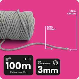 Netuno 1x Macramé Yarn, Grey with Silver Metallic Thread, 3 mm 100 m Cotton Cord, Textile Yarn, Cord Bundle, Natural Cotton Yarn for Macramé, Decorative Cord, Coloured Cotton Cord