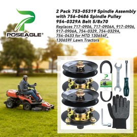 POSEAGLE 2 Pack 753-05319 Spindle Assembly with 756-0486 Spindle Pulley 954-0329A Belt 5/8x70 Replaces 717-0906, 717-0906A, 917-0906, 917-0906A, 754-0329, 754-0329A for MTD Lawn Tractors