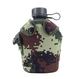 Jadedragon Military Canteen Water Bottle, Aluminium Water Canteen Reinforced Nylon Cover Belt Holster, Capacity?1/1.5/2/2.5/3L Portable Water Bottles with Shoulder Strap (Woodland Camouflage 1.2 L)