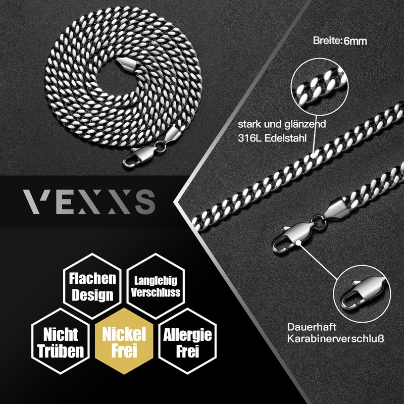 VEXXS Men's Cuban Curb Chain 18 Carat Gold-Plated Stainless Steel