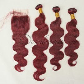 DoraBeauty Brazilian Human Hair Burgundy Bundles with Lace Closure 4×4 Body Wave #99J Wine Red Free Part Pre Plucked Natural Hairline with Baby Hair 14+16 18 20 inch