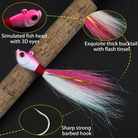 Bucktail Jigs Saltwater Freshwater Lures Surf Fishing Lure Hook, Deer Hair Swimbait Jig Heads for Bass Flounder Striper Bluefish Halibut Redfish 1/4oz, 1/2oz, 1oz, 1.5oz, 2oz (1oz-3pcs)