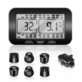 Acteam Trailer RV Tire Pressure Monitoring System with 6 Sensors, Large Screen 6 Alarm Modes Solar/USB Charge TPMS with Signal Repeater(150ft Sensing Distance), Real-Time Display Pressure&Tempereture