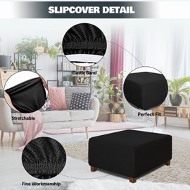 NeColorLife Square Ottoman Cover Jacquard Fabric Ottoman Slipcover Thick Stretchable Footrest Stool Covers for Square Ottoman, Medium Size, Black, H05-06-B-M