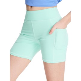 DEVOROPA - Pantalones cortos de licra para niñas de 5 pulgadas, elásticos, atléticos, gimnasia, yoga, danza, pantalones cortos de compresión con bolsillo, verde azulado, X-Large