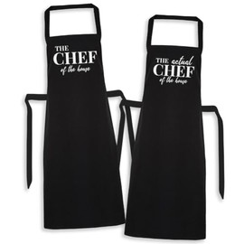 The Chef & The Real Chef Of The Kitchen - Matching Printed Aprons Couples Gift Set - One Size