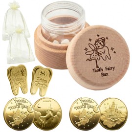 Sweet Plus Baby Tooth Case, Baby Tooth Box, Wooden Tooth Box, Coin, Commemorative, Tooth Fairy, Gold Coin, Loss Teeth, Storage, Gift, 8 Piece Set (Fairy)