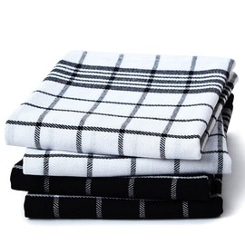 Encasa Checked Cotton Tea Towels Black Non-Terry Pack of 4, Quick-Drying Tableware, Soft and Absorbent, Reusable Towels for Kitchen, Restaurant and Bars, 70 x 45 cm