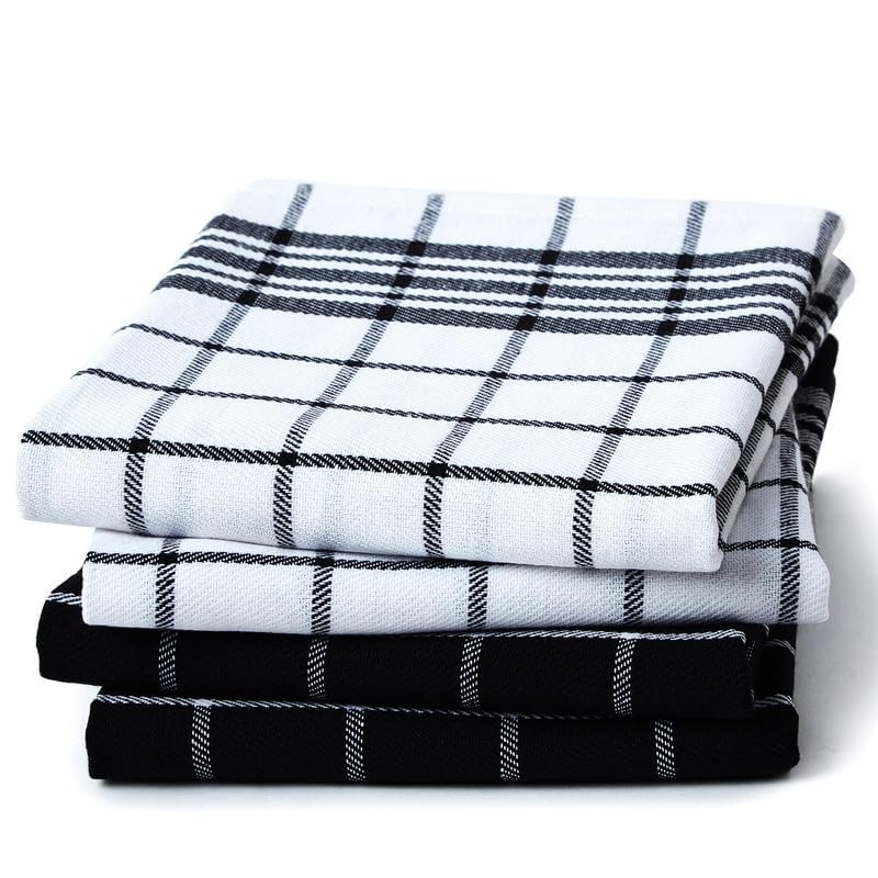Encasa Checked Cotton Tea Towels Black Non-Terry Pack of 4,