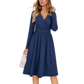 OUGES Women's Fall Dresses for Women 2024 Long Sleeve V Neck Teacher Outfits Maternity Dress with Pockets (Navy,S)