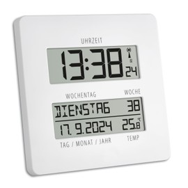 TFA Dostmann Digital Wall Clock with Radio-Controlled Clock Temperature Display Timeline 60.4509, Calendar Function (Day of the Week, Date, Calendar Week), Table Clock, 2 Times, Alarm Function, Clear Display, White