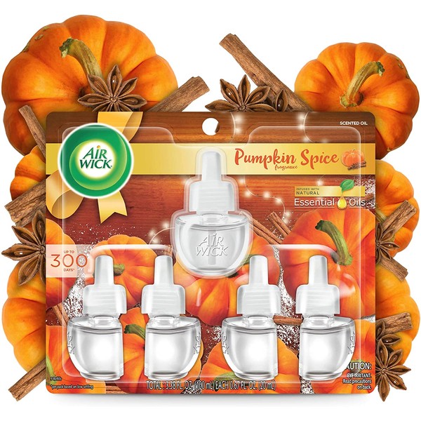 Air Wick Plug in Scented Oil 5 Refills, Pumpkin Spice, Fall Scent, Fall Spray, (5x0.67oz), Essential Oils, Air Freshener, Packaging May Vary, Pumpkin Spice