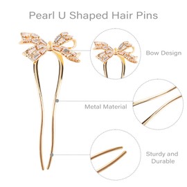 Amariver French Hair Pins 2Pcs Bow Hairpins for Women U Shaped Hair Pins French Rhinestones HairFork for Buns Twist HairPin for Long Hair