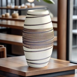 Ceramic Vase with Geometric Stripe Design – 8.7IN Modern Decorative Flower Vase for Living Room, Dining Table, or Home Décor – Perfect for Fresh or Dried Flowers