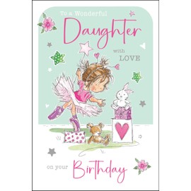 Jonny Javelin Wonderful Daughter Birthday Card - Happy Birthday Card with Ballerina Girl and Teddy Bear Design with Foil and Flitter Details - Birthday Card for Girls