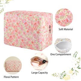 AMULOKRU Small Makeup Bag, Quilted Makeup Bag, Floral Makeup Bag, Cosmetic Bags for Women Girls, Coquette Aesthetic Makeup Organizer Bag,Flower Travel Toiletry Bag,S- Pink Floral