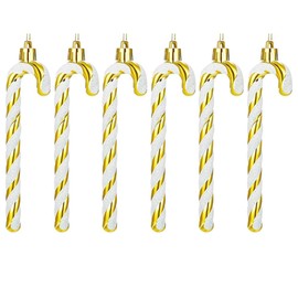 6 PCS 13cm Glitter Candy Cane Christmas Tree Decorations, Christmas Candy Cane Ornaments, Glitter Twisted Plastic Candy Cane Christmas Tree Hanging Ornaments, Gold + White