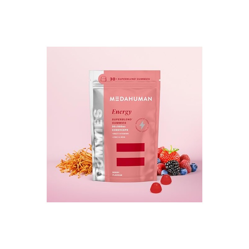 MEDAHUMAN Energy Berry Adaptogen Gummies with 1000mg Cordyceps, 15 Servings