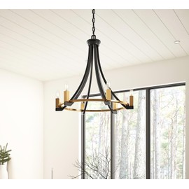 Aiwen Farmhouse 6-Light Black Wagon Wheel Chandelier 24 inch Candle Light Wrought Iron Chandeliers Rustic Pendant Light Fixtures for Living Room Dining Room Foyer Kitchen E12