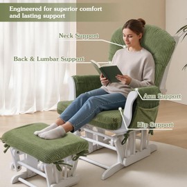 ANMINY 5pcs Glider Rocker Replacement Cushions Set - Thickened Fleece Glider Rocking Chair Cushions with 29.5 inch High Backrest & Side Pockets for Indoor Nursery, Washable & Non Slip, Green