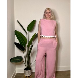 Glamaker Women's Summer 2 Piece Outfits Set Round neck Sleeveless Tank Crop Top Wide Leg pants Set Pockets Jumpsuits(Pink S)