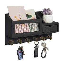 FifthQuarter Key and Mail Holder for Wall, Mail Organizer Wall Mount with 6 Hooks and Storage Drawer, Easy Installation Key Rack for Entryway and Home Decor (B-Black)