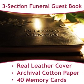 Funeral Guest Book with 40 Memory Cards – Vintage Top Grain Leather Cover – with Cotton Paper – a 3-in-1 Celebration of Life – 116 Guest Entries - Photo Book – Memorial Keepsake - (Gray) by Eternum