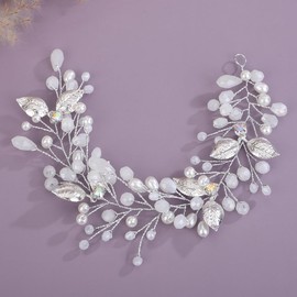 Rumtock Silver Leaves Headband Opal Crystal Beads Side Hair Jewelry for Wedding Brides Women Girls Prom Banquet Pearl Hair Accessories (Opal)