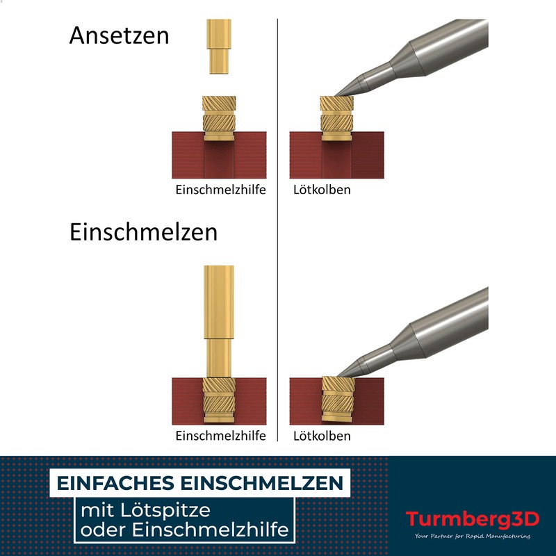 Turmberg3D - Gewindeeinsatz M2.5 (50 Stück) / M2,5x4 Messing Gewindebuchsen/Einschmelzmutter