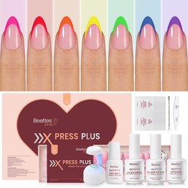 Beetles X Press Plus-Lite Kit French Tips Square Almond French Tip Press on Nails with Nail Glue Builder Top Coat Squoval Press on Nails DIY Manicure Gift for Women #TikTokShopBacktoSchool:_Neon-S-Almond-PINK-224Pcs-16Sizes-Kit-w/UV Lamp